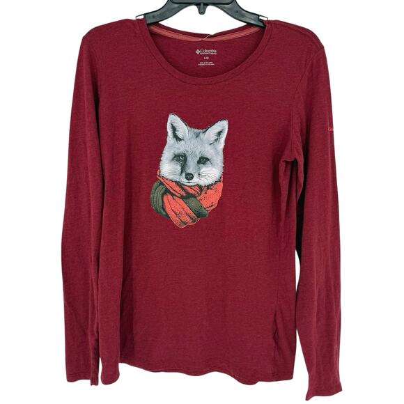 Columbia Women's Fox Graphic Holiday Long Sleeve Tee Size L Red Skiing Layering - Picture 1 of 5